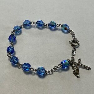 Child’s Religious Bracelet Translucent Faceted Light Blue Beads Crucifix & Mary